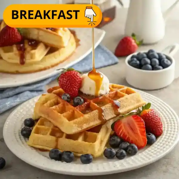 A delicious plate of golden waffles topped with butter and syrup