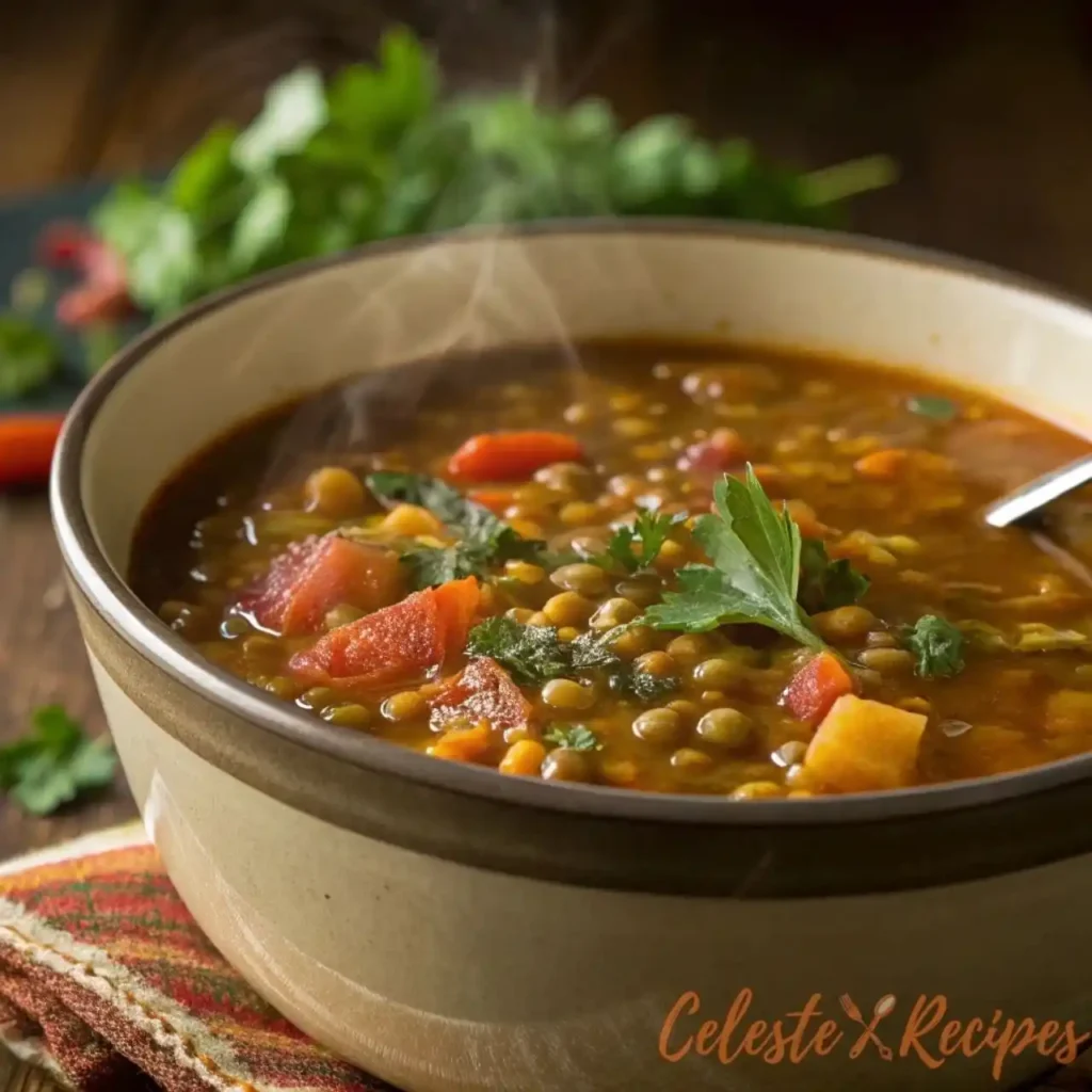 Mediterranean lentil soup simmering in a cozy kitchen with fresh ingredients