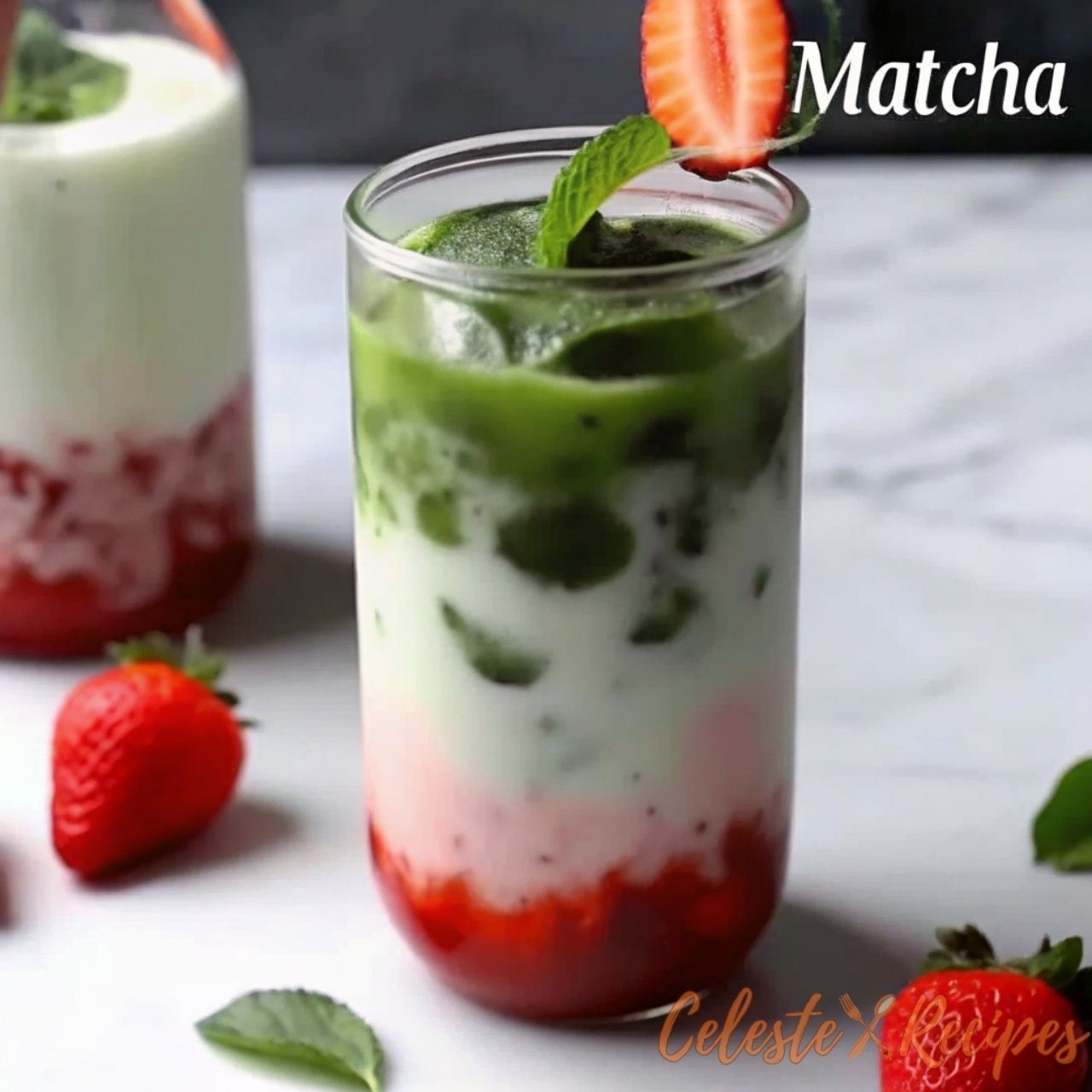 Strawberry Matcha Latte Recipe: 5-Minute Refresh 3 Strawberry matcha latte recipe in a clear glass with fresh strawberries and matcha whisk