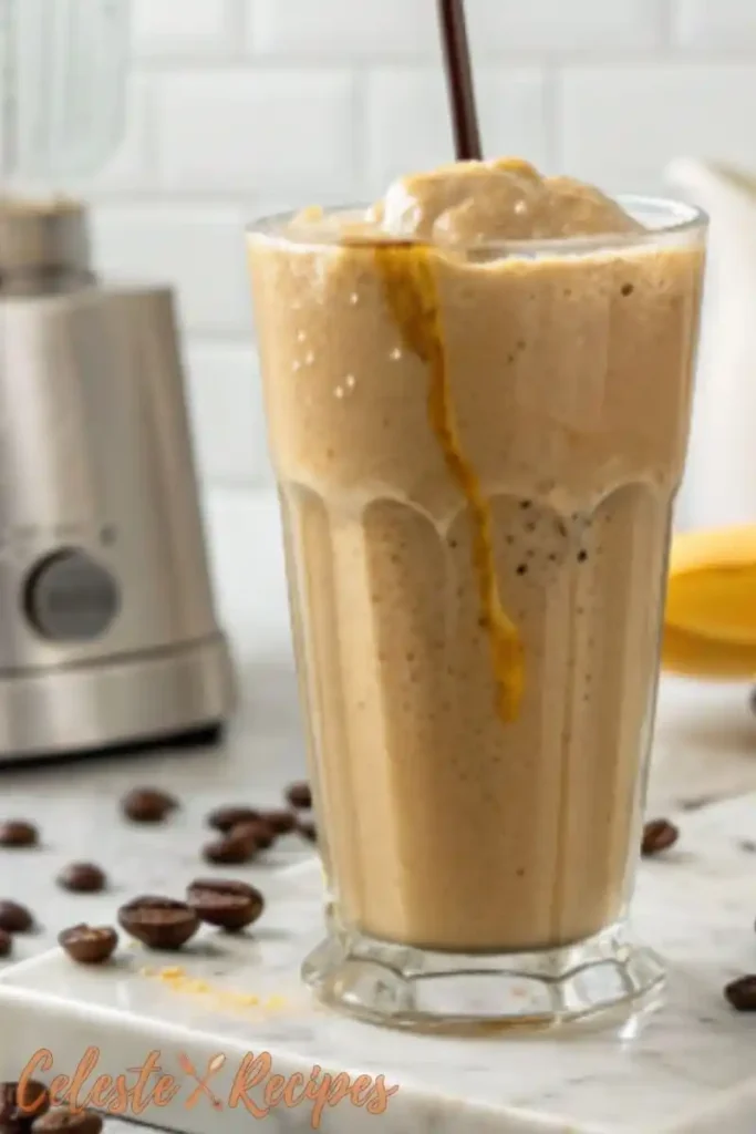 Protein Frappuccino: glass of a creamy Protein Frappuccino, with condensation dripping down the side